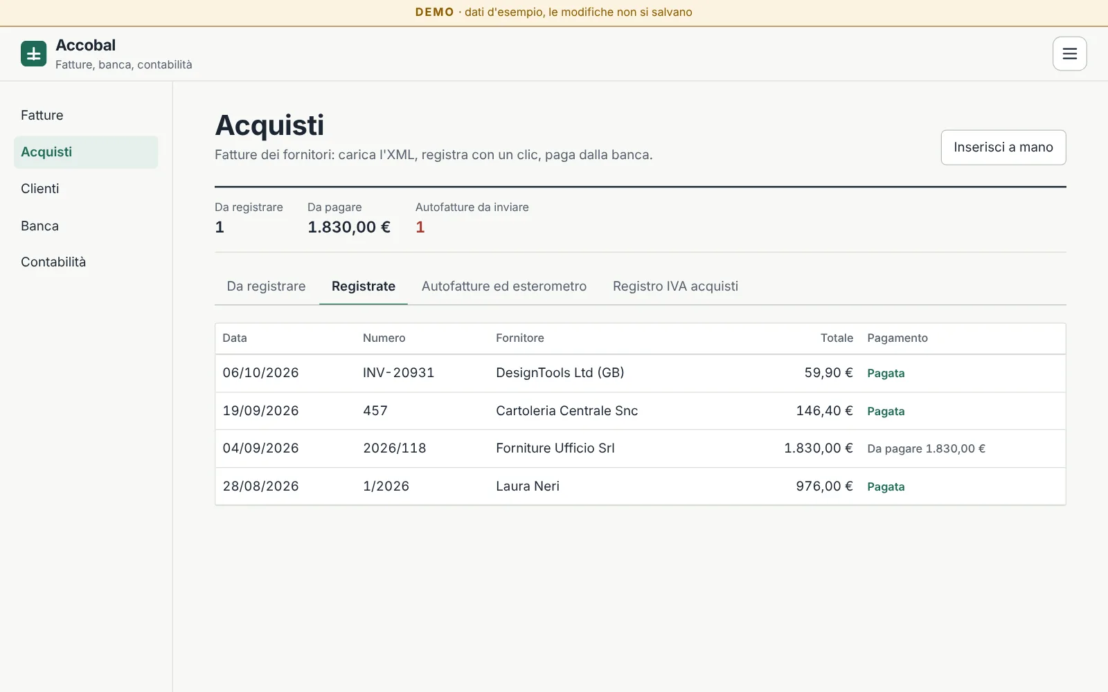 Fatture d'acquisto in Accobal: da registrare, da pagare e autofatture da inviare.