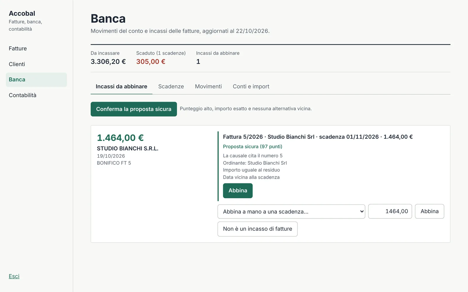 Schermata di Accobal: un bonifico da 1.464 euro viene proposto per l'abbinamento alla fattura 5/2026 con 97 punti e le motivazioni della proposta.