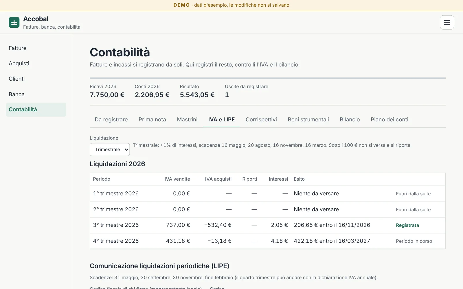 Liquidazioni IVA trimestrali del 2026 in Accobal con importi, interessi e scadenze.