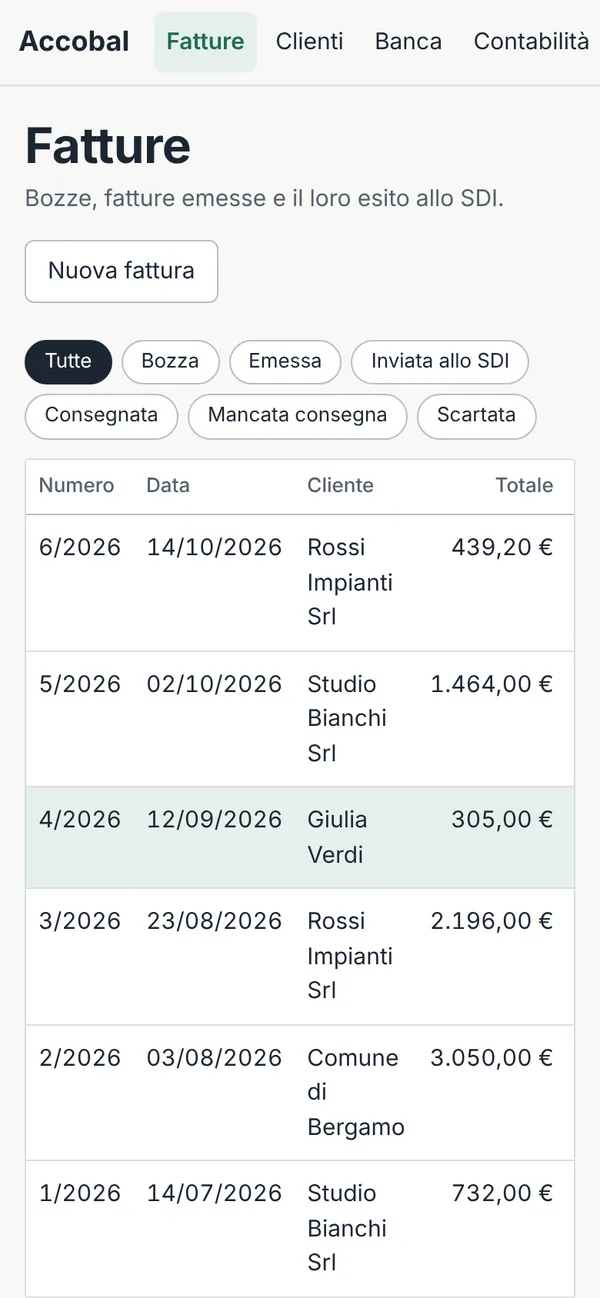 Accobal su smartphone: elenco fatture.